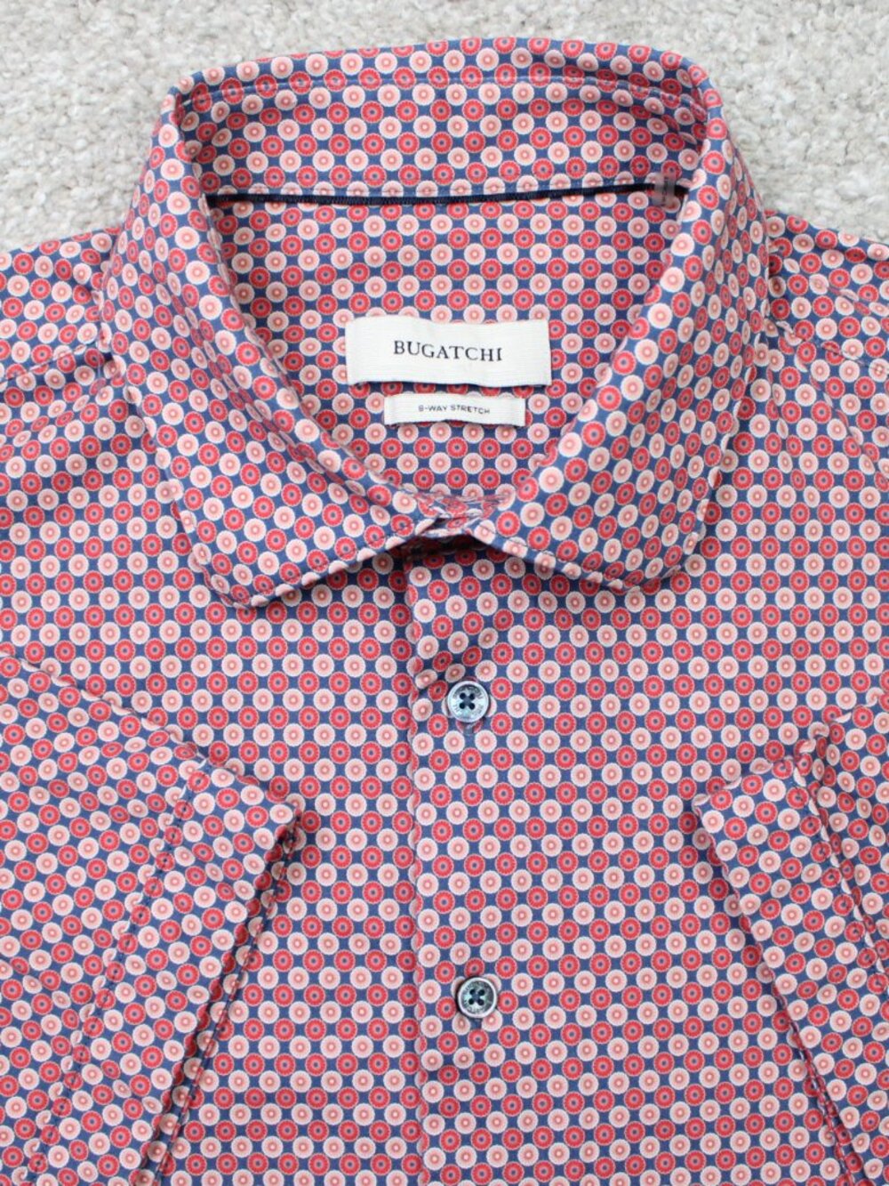 Bugatchi Shirt Mens XL Pink/Blue Geometric 8-Way Stretch Cotton Short Sleeve